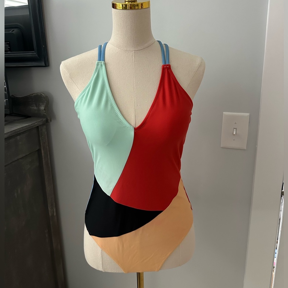 SHEIN Colorblock One Piece Swimsuit - Red, Mint, Black, Peach